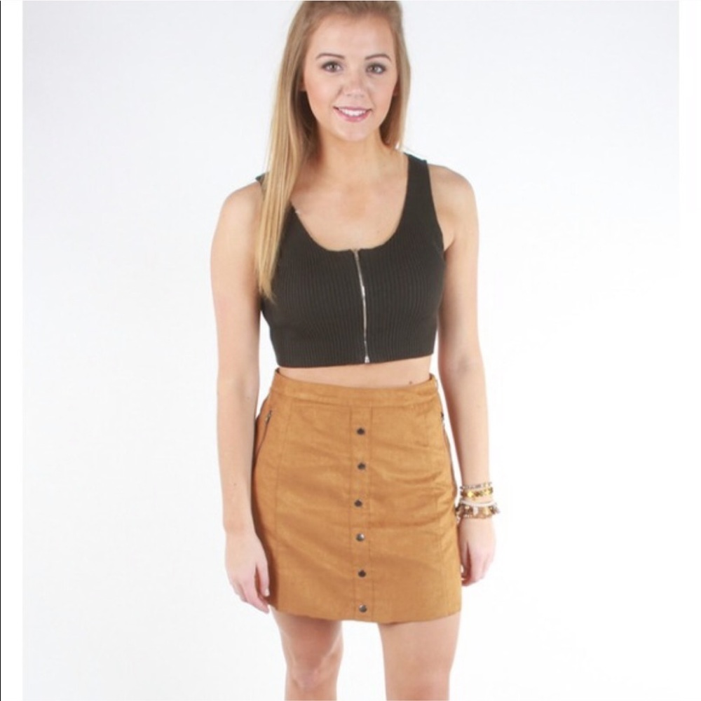 Faux suede button up mini skirt brown small
